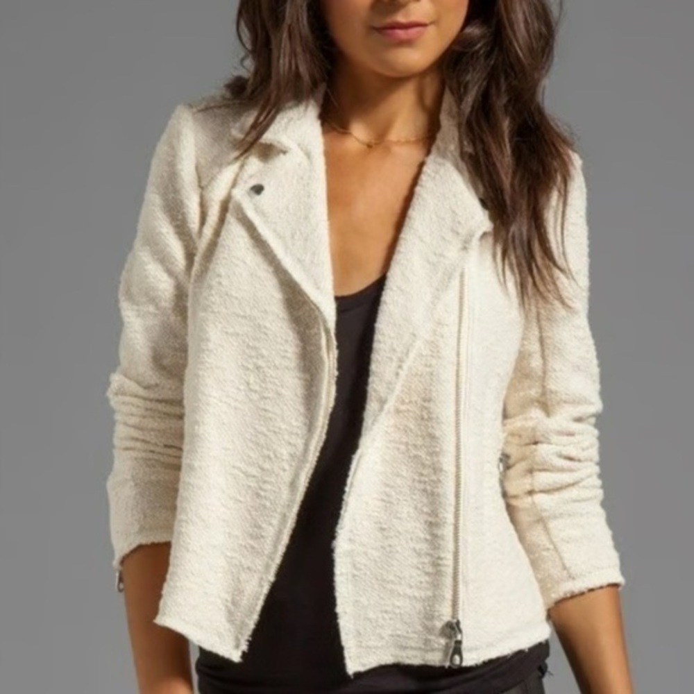 REBECCA TAYLOR Off White Tweed Boucle Knit Moto Jacket Size 2
